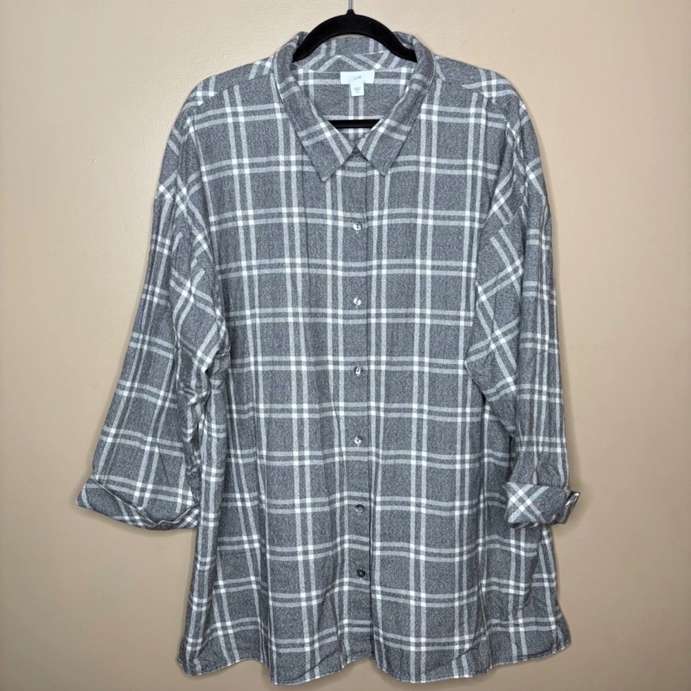 J. Jill Women 2X Flannel Tunic Shirt Plaid Grey White Button Down Lagenlook